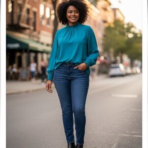 ASHLEY STEWART EUC TOP TURTLE NECK RUCHED & CUFFS LONG BUBBLE SLEEVES SZ 34/36